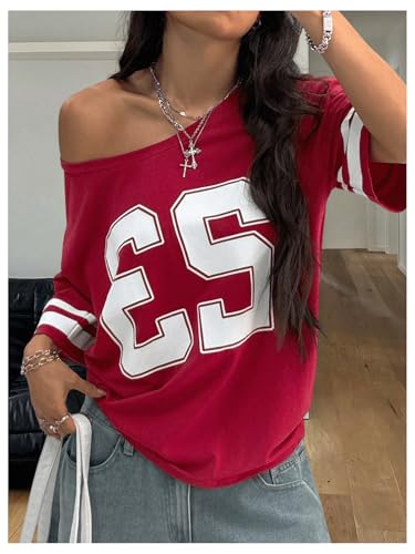 SHENHE Women's Off The Shoulder Top Short Sleeve Y2k Jersey Number Graphic Loose Tee Shirt4
