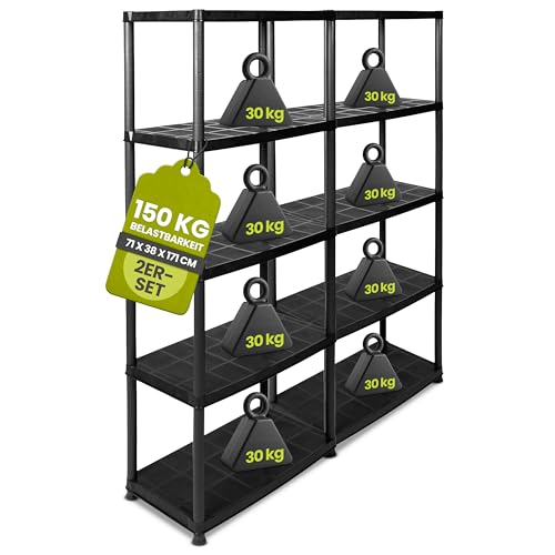 Kreher Spar-Set 2 Stück Kunststoffregal, Kellerregal, Lagerregal, 5 Böden in Schwarz. Max. 150 kg Traglast pro Regal. 71 x 38 x 171 H cm. TÜV Rheinland.