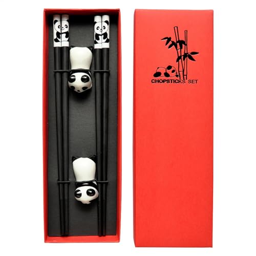 Juego de palillos chinos, palillos reutilizables Panda con soportes de cerámica, 2 pares de palillos de 9.4 pulgadas antideslizantes, aptos para lavavajillas para uso doméstico y restaurante, 24 cm