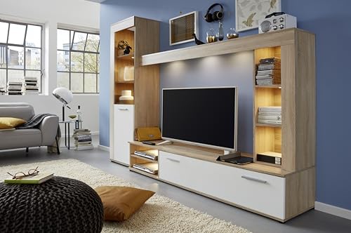 trendteam smart living - Logo - Wohnwand - Braun - Anbauwand mit 1 Tür, 1 Klappe und 6 offenen Fächern - (BxHxT) 240 x 185 x 41 cm - Silber-mattfarbene Griffe