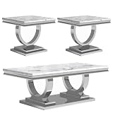Modehodei Marble Coffee Table Set of 3, Includes 1 Coffee Table with 2 Square End Side Tables, Luxury 3 Piece Living Room Table Set with White Faux Marble Tabletop & Silver Stainless Steel Base