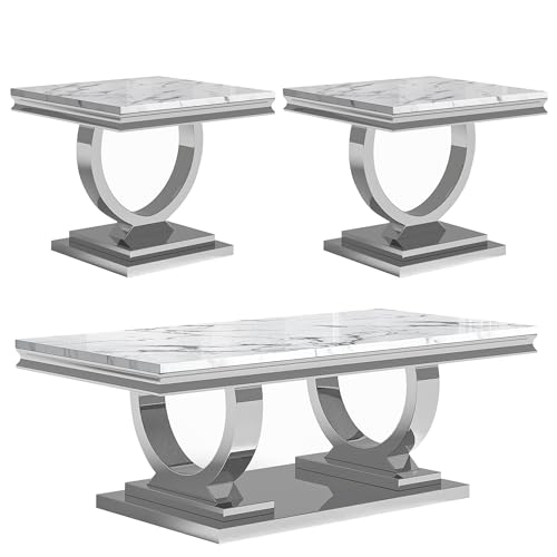 Modehodei Marble Coffee Table Set of 3, Includes 1 Coffee Table with 2 Square End Side Tables, Luxury 3 Piece Living Room Table Set with White Faux Marble Tabletop & Silver Stainless Steel Base