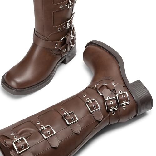Athlefit Women's Knee High Riding Boots Fashion Buckle Square Toe Pull On Chunky Heel Wide Calf Biker Boots Tan Size 5.5 — view 6