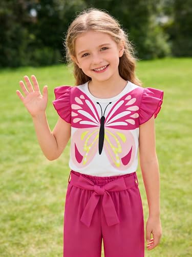 Image of Toddler Kid Girl Clothes Casual Ruffle Sleeve Floral Printed Top Solid Pants with Belt 3PC Outfit Set