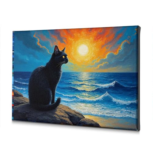 Tableau deco chat noir coucher de soleil toile marine Paques