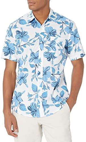 Amazon Essentials Men's Slim-Fit Short-Sleeve Print Shirt, Blue, Floral Print, Medium