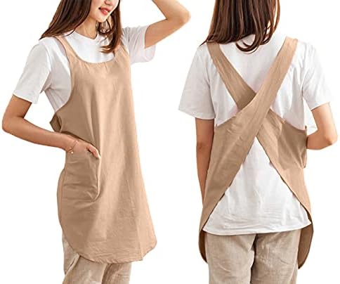 Cotton Cross Back Aprons Solid Color Cooking Kitchen Garden Smock for Women Girls with Pockets (Brown, 37Wx 32L)