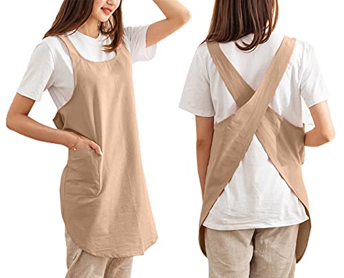 Cotton Cross Back Aprons Solid Color Cooking Kitchen Garden Smock For Women Girls With Pockets (Brown, 37Wx 32L) #TOP2