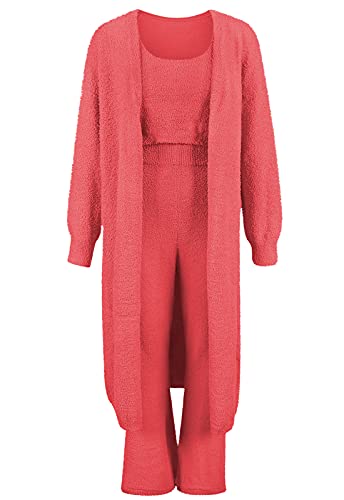 Image of Fixmatti Women's Fuzzy 3 Piece Sweatsuit Open Front Cardigan Crop Tank Tops Wide Legs Pants Lounge Sets