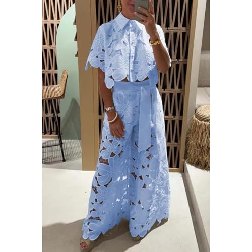 Elegance Floral Lace Cropped Shirt and Belt Pocketed Wide Leg Pants Set,Hollow Lace Women Sexy 2 Piece Outfits3