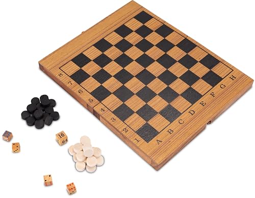 Backgammon + Dame Gr. M - aus Holz mit klappbarem Spielbrett 31 x 25 cm und rot/schwarzen Backgammon-Feldern