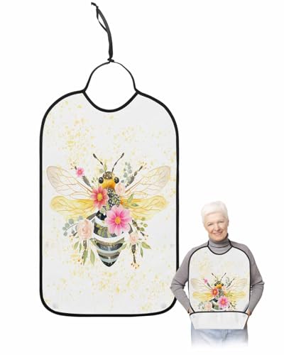 LEOKOTI Summer Bee Adult Bibs for Eating, Waterproof Bibs with Food Catcher & Adjustable Snap Closure, Spring Floral Botanical Watercolor Washable Clothing Protectors Adult Bibs for Elderly Women/Men