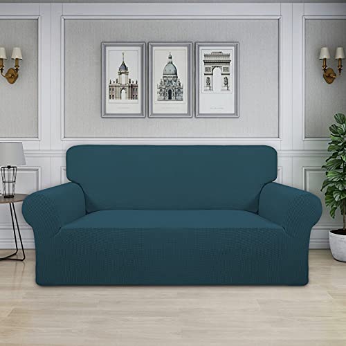 Image of Easy-Going Stretch Oversized Loveseat Slipcover 1-Piece Sofa Cover Furniture Protector Couch Soft with Elastic Bottom for Kids Polyester Spandex Jacquard Fabric Small Checks Deep Teal