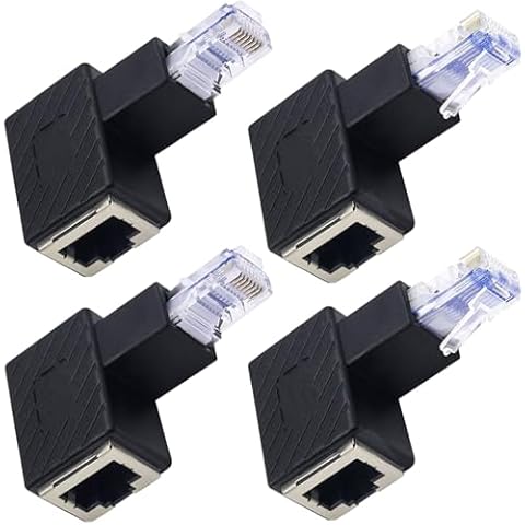 HAAMNING7 4 szt. RJ45 adapter kątowy RJ45, 90 stopni RJ45 męskie do żeńskiego, złącze sieciowe Cat6 LAN do drukarek, laptopów, routerów (Up Angle+Down Angle)