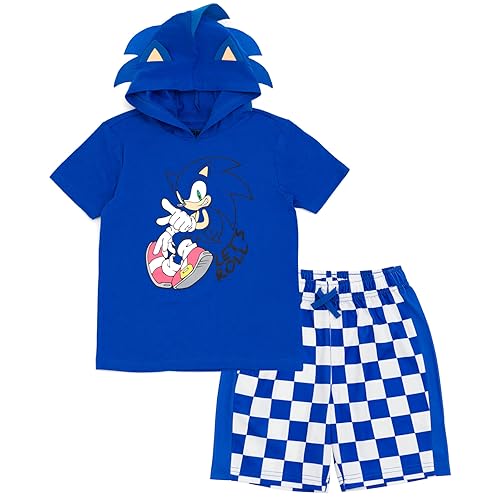 SEGA Sonic the Hedgehog Little Boys 2-Piece Short Sleeve Graphic Pullover Hooded Tee and Mesh Shorts Outfit Sonic Blue 7-8