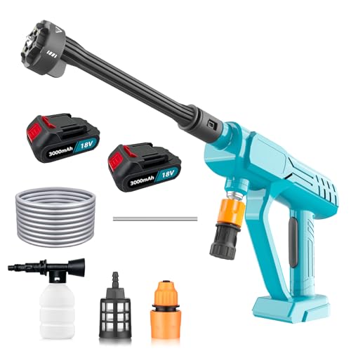 Bohemen Cordless Pressure Washer, Blue, 6-in-1 Nozzle, 5M Hose, 18V Portable Spray Gun with 2 Batteries, Corded Electric, for Car, Floor and Garden Cleaning
