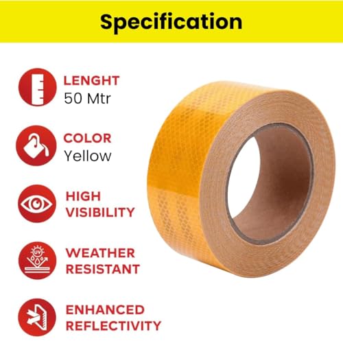 Image of Yellow Radium Reflective Tape 2 inch 5 MTR For Road Safety Night Safety Reflective Sticker High Intensity Conspicuity Waterproof Warning