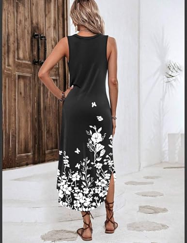 Image of Zeagoo Women Floral Summer Casual Beach Printed Tank Dress with Pockets Pleated Front Long Dress