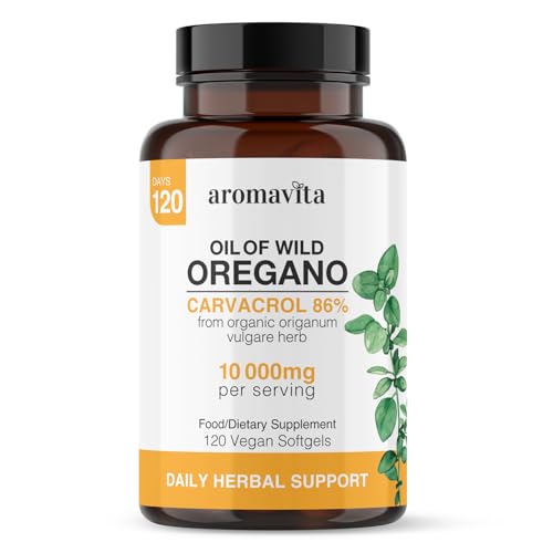 AROMAVITA Vegan Wild Oregano Oil Organic Capsules, 86-90% Carvacrol - Immune and Digestive Support, Natural Antioxidant, Vegan, Non GMO,Herbal Supplement - 60 Capsules (60 softgels/1 pakg)