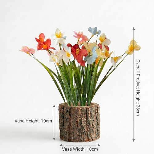 Image of Dekorly Artificial Grass Lily Flower with Real Wooden Vase (28CM Overall Height) | Decorative Lifelike Faux Floral Plant in Rustic Tree Log Pot for Living Room (Grass Lily)