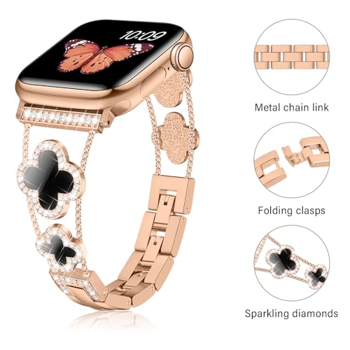 Tasikar Bling Diamond Women Band Compatible with Apple Watch Band 42mm 44mm 45mm 46mm 49mm Ultra SE Series 11 10 9 8 7 6 5 4 3 2 1 Lucky Clover Dressy Replacement Bracelet (Rose Gold/Black) by Tasikar - Used condition - Image 3