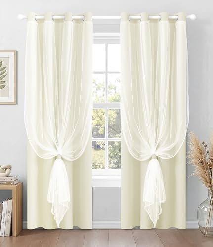 Image of 100% Blackout Curtains with Sheer Overlay, Beige, 52 x 84 inch, 2 Panels | For Bedroom Living Room Window, Room Darkening, Thermal Insulated, Grommet Top, Summer Heat Blocking, Double Layer Design