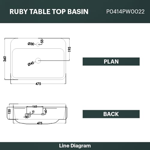 Image of Johnson Ruby Table Top Basin | 475x360x135mm | Ceramic Counter Top Basin for Bathroom, Dinning Hall | White | 10.5 Kg | 10 Years Warranty (P0414PW0022)