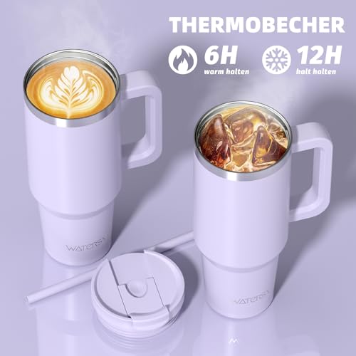 WATERSY 891ml Thermobecher mit 2 Strohhalmen, Trinkbecher Auslaufsicherer Kaffeebecher To Go Vakuum-Isoliert mit BPA frei Schraubdeckel… – Ansicht 2