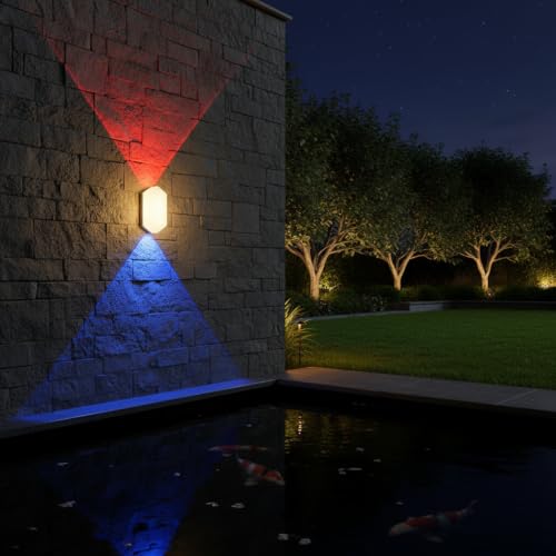 Image of Modern Outdoor Wall Light | 3-in-1 Color Changing LED Up Down Lamp | Waterproof Exterior Wall Sconce for Home, Gate, Garden, Balcony & Patio (Switch Control) (Glint)