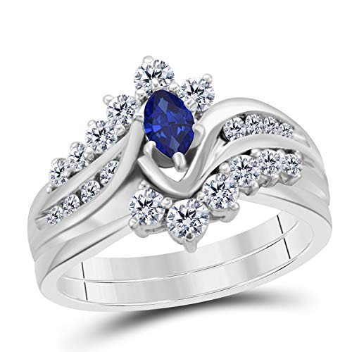 Gems and Jewels 1.00 Carat Forever Us Blue Sapphire 14k White Gold Plated Alloy Prong Set Marquise Shape Engagement Bridal Set Ring