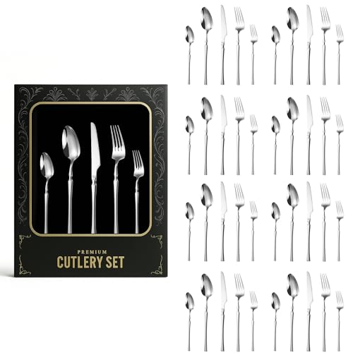 Image of aDai Mirror Finish 40-Piece Korean Vintage Style Flatware Set with Gift Box | Dishwasher Safe Stainless Steel Cutlery for Home, Restaurant & Gifting (Silver)