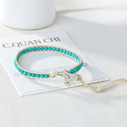Image of C.QUAN CHI Turquoise Bracelets Handmade Woven Friendship Bracelets White Leather Adjustable Wrap Bracelets