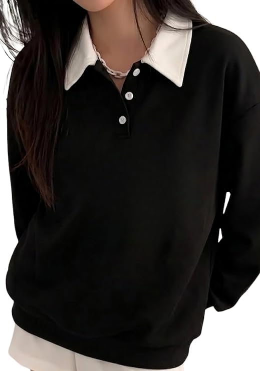 kanzul -fashion passion Women's Oversized Cotton Fleece Polo Sweatshirt Collared Pullover-picture-26
