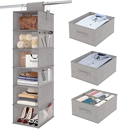 Fixwal 6-Shelf Hanging Closet Organizer Foldable Hanging Shelves for Closet with 3 Removable Drawers for Wardrobe Clothes and Accessories Storage College Dorm Kids Room Essential