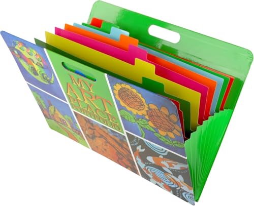 Image of HearthSong Art Place Portfolio with Handles - 8 Expandable Color Coded Accordion Files for Organizing Children's Artwork - 19 H x 15.25 W, Green