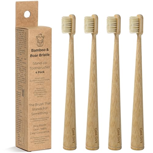 Gaia Guy Cepillos de dientes de cerdas de bambú y jabalí, paquete de 4, cerdas naturales de jabalí, sin plástico, mango de pie, cuidado bucal minimalista y de bajo desperdicio