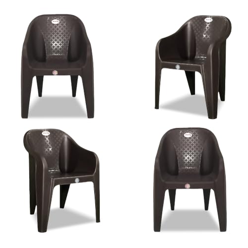 Image of Plastic Arm Chair for Home, Garden, Office, Living Room, Cafeteria Plastic Outdoor Chair | 1 Year Warranty | Color - Brown | Set of 4