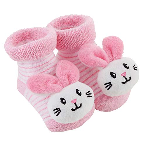 Image of Stephan Baby Rattle Socks, Stripey Pink and White Bunnies, Fits 3-12 Months