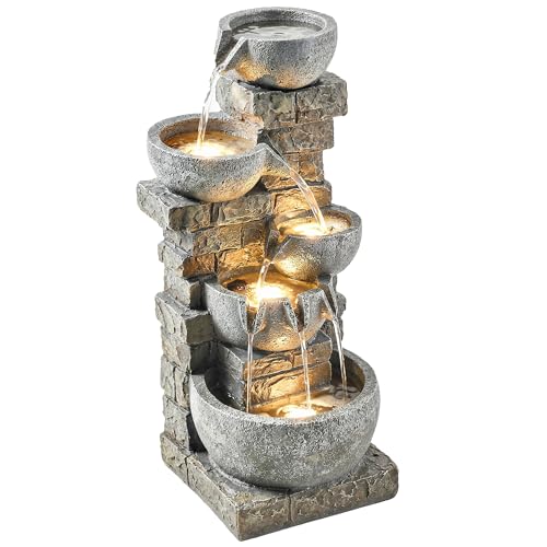 Outsunny Fuente de Agua Decorativa con Iluminación LED y Bomba, Fuente de Jardín Exteror en Cascada de 5 Niveles, Resistente a la Intemperie, para Jardín, Patio, Terraza, 34x36x80 cm, Multicolor