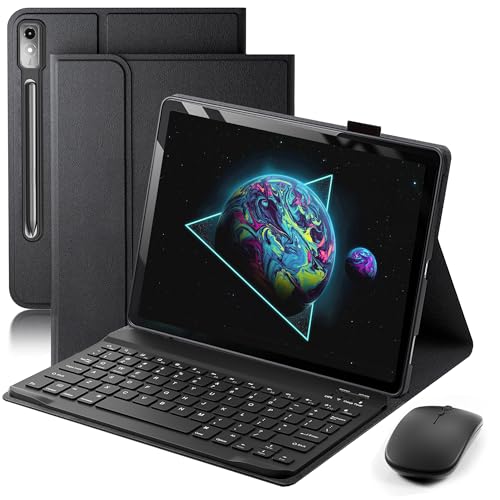 TUNKARMOR Keyboard Case for Lenovo Tab P12 12.7 Inch 2023 - Mouse and Detachable Keyboard PU Leather Cover Case Auto Sleep/Wake - Black