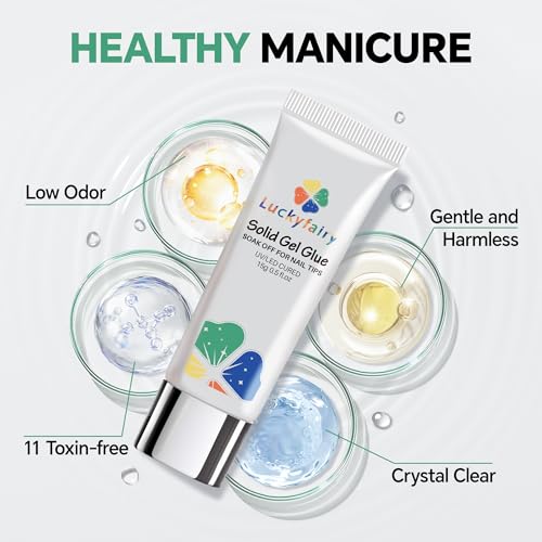 Luckyfairy Soft Gel Nail Tips Glue, 15ml Solid Nail Glue Gel Solid Soak Off Glue Super Strong Nail Glue U V Cured Needed Acrylic Nail Gel for Nails Extension Fake Nails Press On Nails