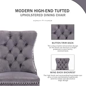 Kiztir Velvet Dining Chairs Set of 6 Upholstered Dining Room Chairs with Ring Pull Trim and Button Back Luxury Tufted Dining Chairs for Living Room Bedroom Kitchen Grey