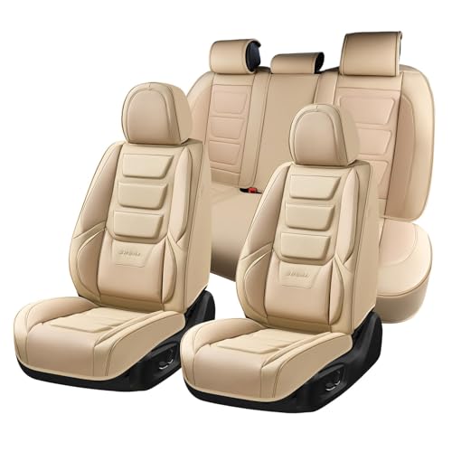 Image of Coverado Car Seat Covers Full Set, Seat Covers for Cars, Front Seat Covers and Back Seat Cover Waterproof Leather Automotive Seat Cover, Universal Car Interior Protectors Cushion for Most Cars Beige