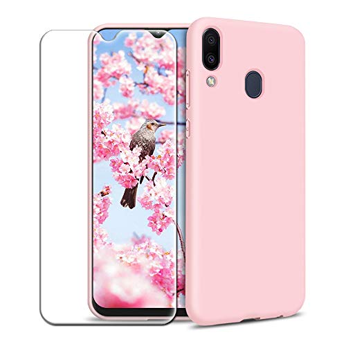 Funda Samsung Galaxy A40 + Protector de Pantalla de Vidrio Templado, Carcasa Ultra Fino Suave Flexible Silicona Colores del Caramelo Protectora Caso Anti-rasguños Back Case - Rosa Claro