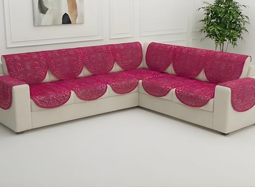 Image of Fab Nation Sofa Cover L Shape 6 Seater with Corner L Type Fully Covered Sofa Set for Living Room | Cotton Sofa Slipcovers for 3 + 3 Seaters Cover with 2 Arms | Red