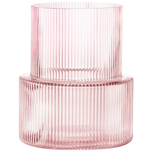 YANWE1 Pink Glass Vase, Ribbed Glass Vase for Tulips, Flower Vases for Bouquet, Pink Modern Vases for Living Room, Dining Table, Entryway, Mantle, Shelf, Wedding, Office, 7.5 Inches by yanwe1 - Used condition - US$27.40
