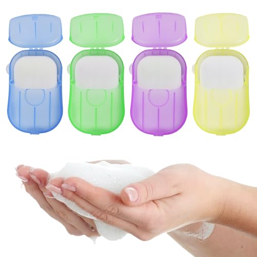 YILANJIN Seifenblätter, 4 Boxen Mini Tragbare Handseifenflocken mit Aufbewahrungsbox, Tragbare Einweg Papier Seife für Unterwegs, Papierseifenblätter mit Kunststoffbox für Camping, Reisen, Outdoor
