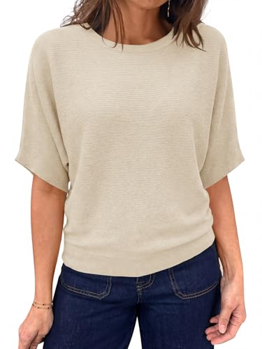 Saodimallsu Womens Short Sleeve Sweater Summer Batwing Trendy Casual Boat Neck Lightweight Loose Fitting Knit Tops Apricot