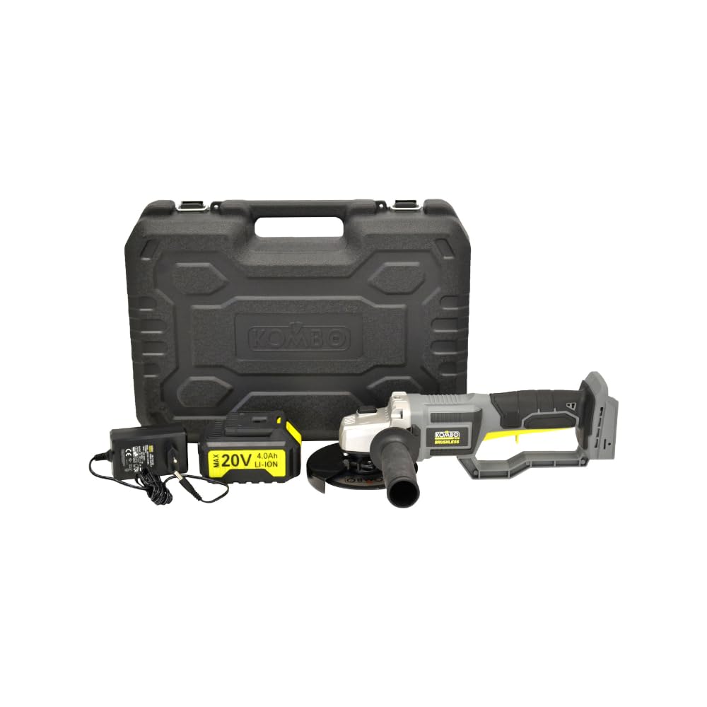 KOMBO Amoladora angular sin escobillas 125 mm - 20 V, 7000 rpm, motor sin escobillas, batería 4.0 Ah, 3 discos incluidos, maletín rígido y accesorios profesionales