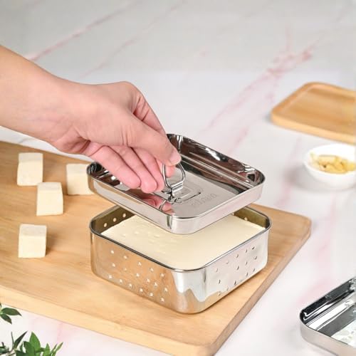 Image of Nestasia Large Stainless Steel Paneer Maker (550 ml) - Square Paneer Maker Mould Press with Lid | Rust Resistant Medium Paneer Strainer - Perfect for Fresh Paneer, Tofu & Sprouts